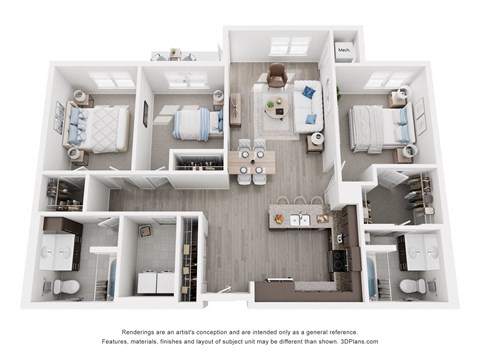 Floor plan for 3 beds, 2 baths, 1287 sqft